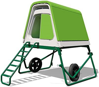 Portable green chicken coop on wheels