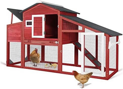 Red wooden chicken coop on wheels