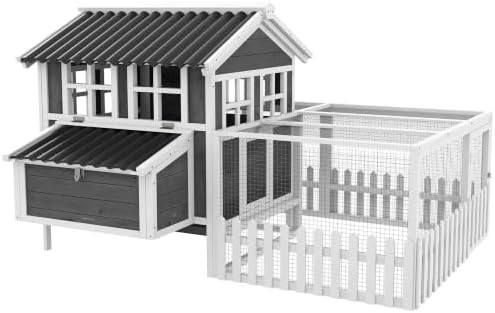 Gray wooden coop with attached outdoor run