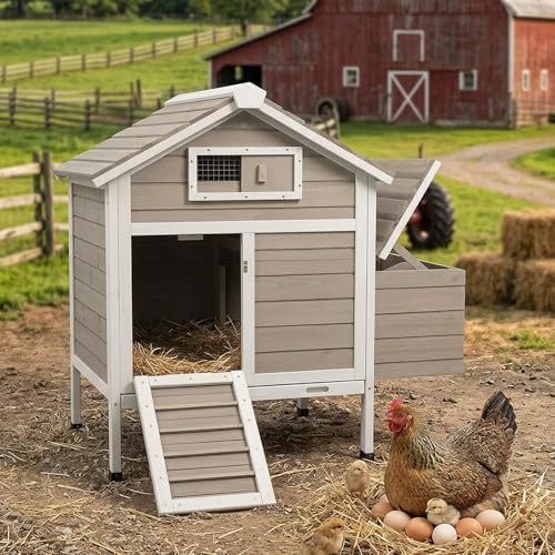 Grey wooden poultry house and rabbit hutch