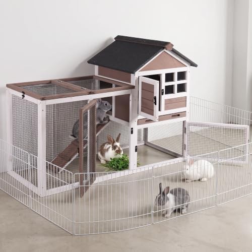 Brown two story weatherproof hutch with run
