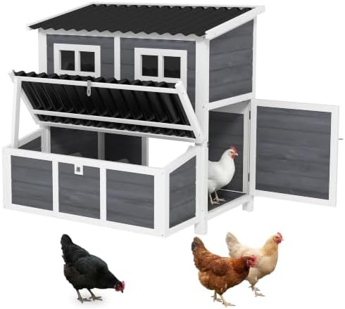 Light gray wooden coop with nesting box