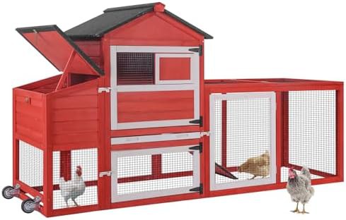 Red mobile hen house with wheels