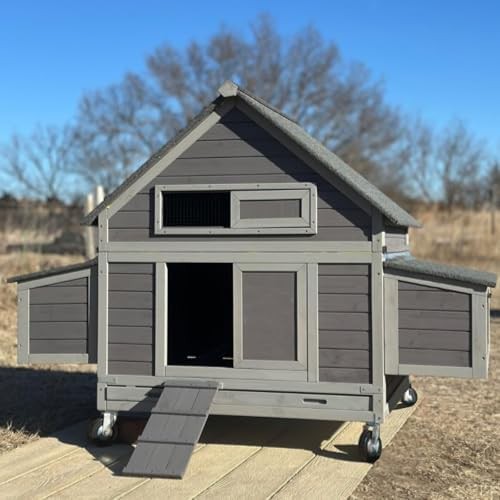 Mobile wooden hen house with six nesting boxes