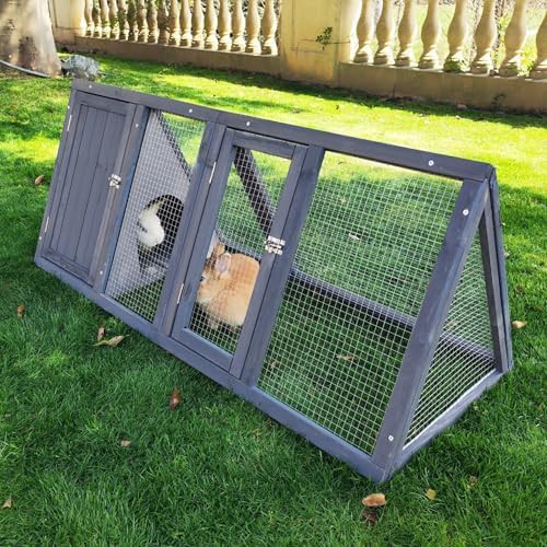 Grey wooden A-frame coop with run