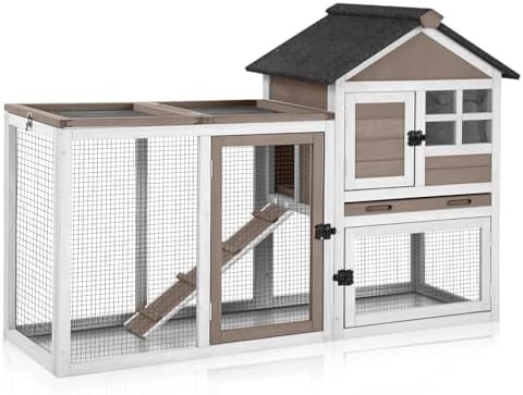 Brown rabbit hutch with chew proof ramp