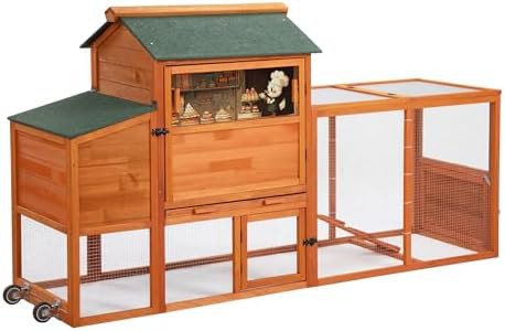 Mobile wooden poultry hutch with wheels