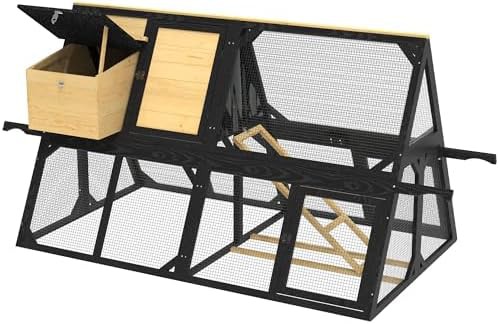 Yellow A-frame chicken coop with two nesting boxes