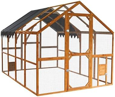 Brown wooden walk in coop with roof
