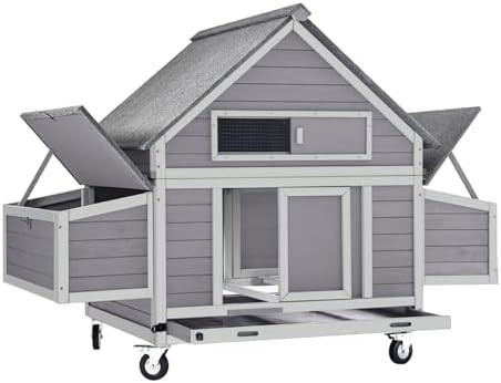Grey mobile chicken coop with metal tray