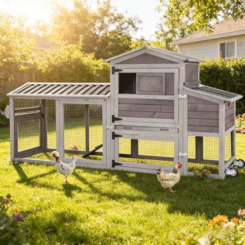 Grey mobile chicken coop with wheels