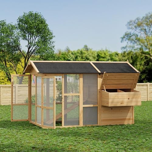 Natural wood chicken coop with wire fence