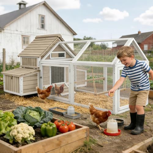 Wooden chicken coop with four nesting boxes