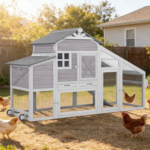 Grey wooden duplex chicken house with wheels