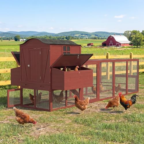 Large wooden chicken coop in reddish brown