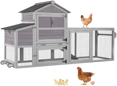 Grey mobile chicken coop with run and asphalt roof