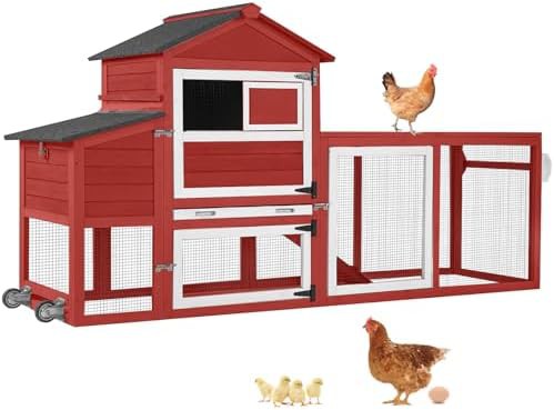 Red mobile chicken house with asphalt roof