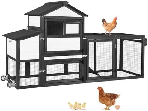Black mobile chicken coop with run and asphalt roof