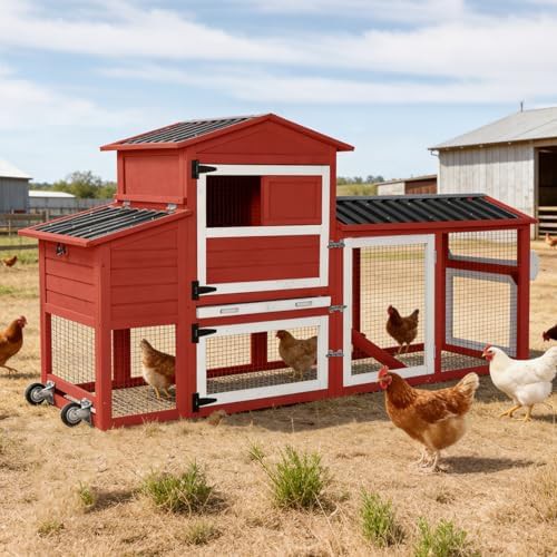 Red mobile hen house with 83 inch run