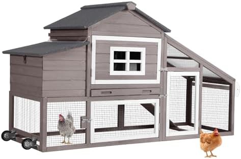 Brown wooden chicken tractor with wheels