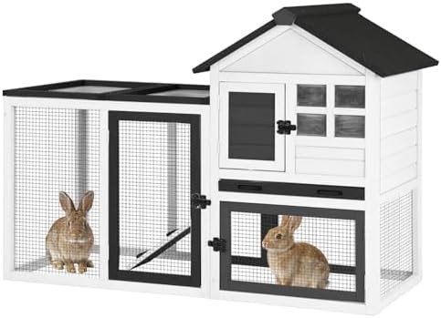 Black wooden rabbit hutch with leakproof tray