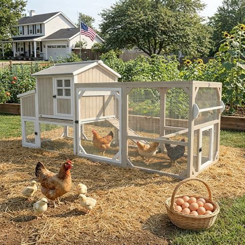 Grey wooden chicken coop with asphalt roof