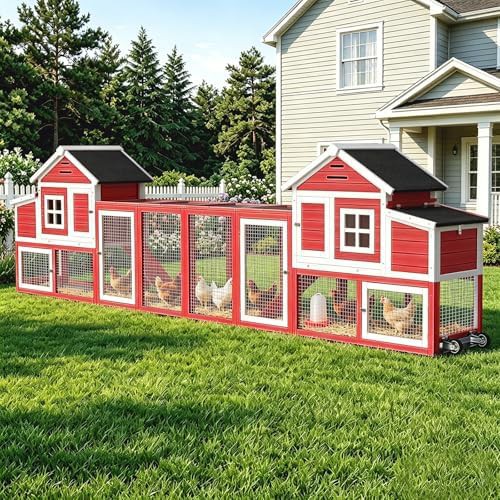 Red mobile chicken house with wheels