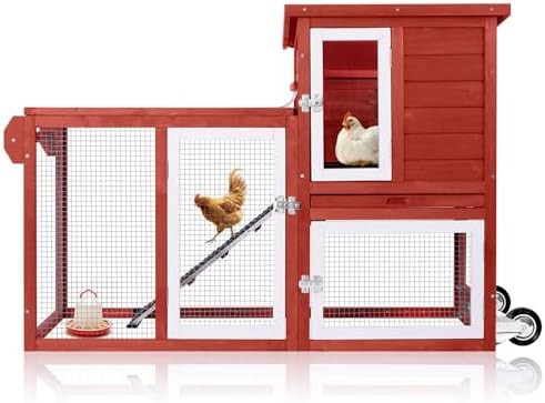 Small mobile red metal chicken coop
