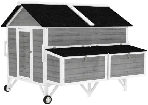 Mobile gray chicken coop with dual cleaning trays