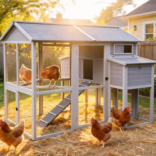 Grey walk in chicken house with iron brackets