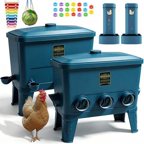 Large cyan automatic feeder and waterer set