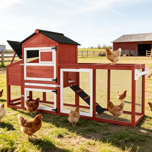 Red wooden poultry house with integrated run