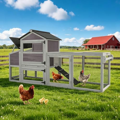 Grey wooden mobile coop with attached run