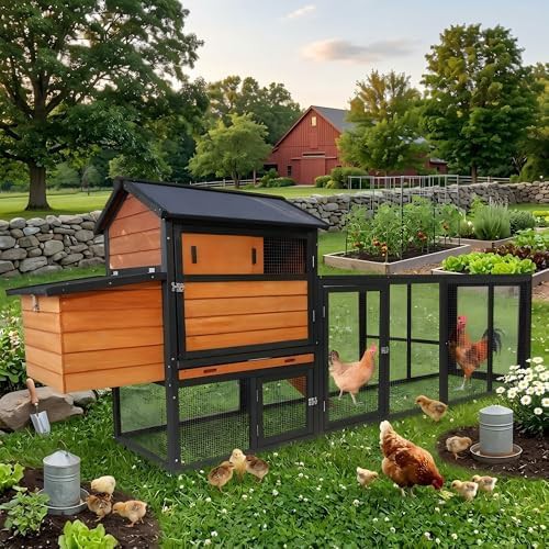 Wooden chicken coop with nesting box and run