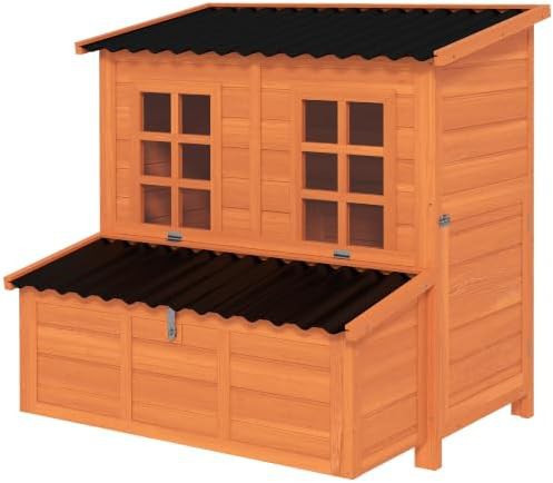 Orange wooden coop with side nesting box