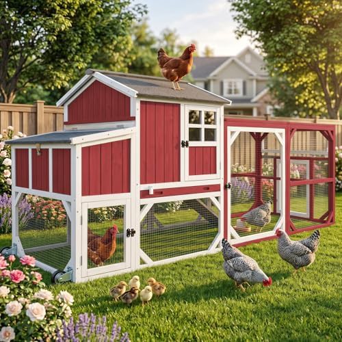 Red wooden chicken coop on wheels