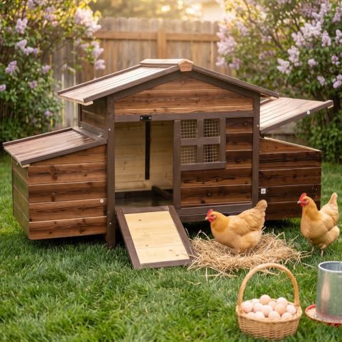 Brown wooden hen house with nesting boxes