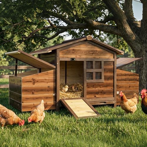 Brown wooden coop with nesting box