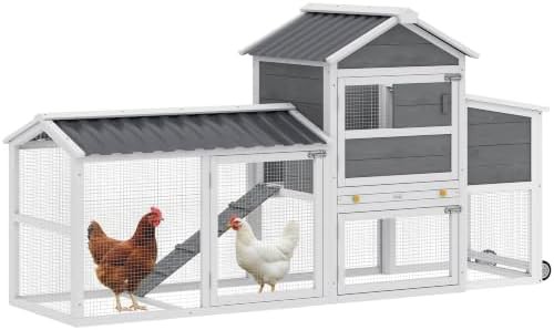 Gray mobile hen house with wheels and run