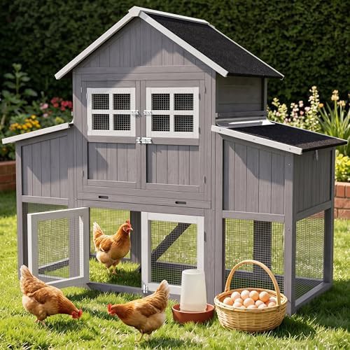 Grey wooden coop with integrated run