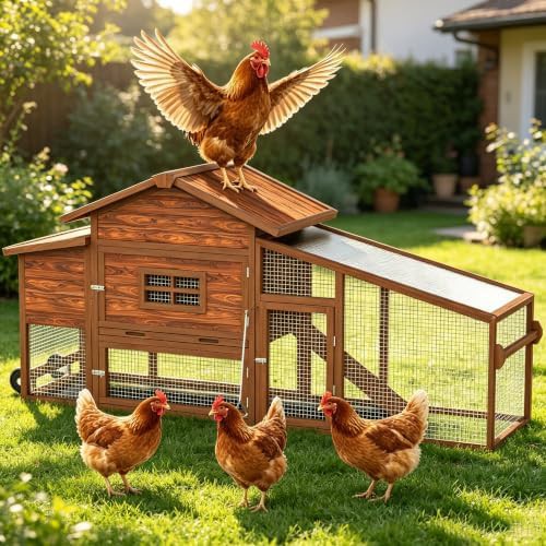 Brown mobile chicken coop with sun board