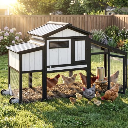 Wooden hen coop with PVC roof and wheels