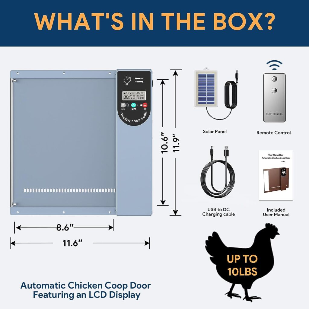 Automatic Chicken Coop Door Solar Powered - Auto Chicken Door Opener with LCD Display and Timer/Light Sensor Modes for Safe and Convenient Chicken Keeping (Grey)