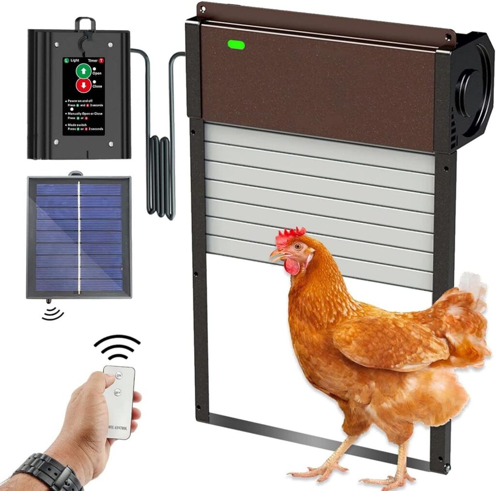 Automatic-Chicken-Coop-Door-Solar - Powered Opener with Timer  Light Sensor Poultry Aluminum Chicken Coops Doors with Remote Control Multi 4 Modes Auto Coops Doors