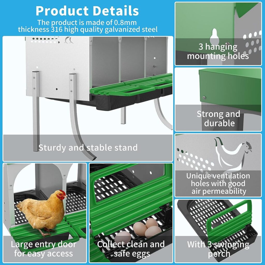 HUMUMU Chicken Nesting Box-3 Compartment Galvanized Stainless Steel Egg Laying Box with Swing Perch and Rollout Egg Collection for Chicken Coop Up to 12 Hens