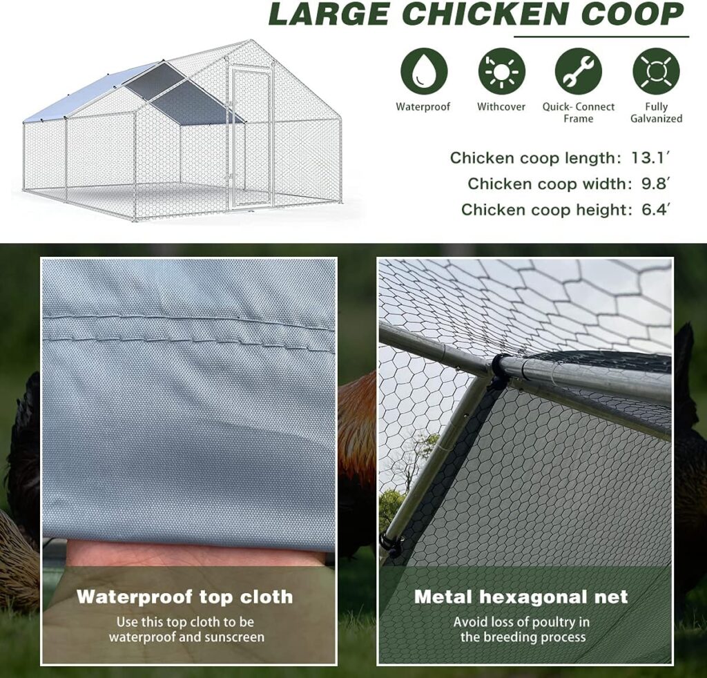 Large Metal Chicken Coop Walk-in Poultry Cage Chicken Run Pen Dog Kennel Duck House with Waterproof and Anti-Ultraviolet Cover for Outdoor Farm Use(9.8 L x 13.1 W x 6.4 H)