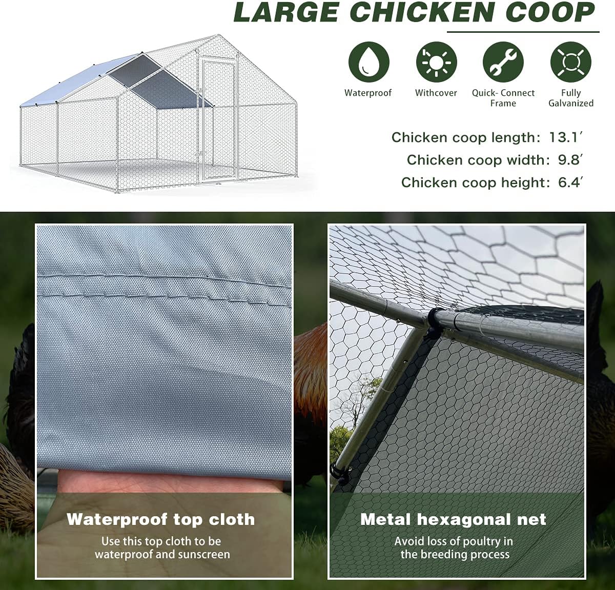 Large Metal Chicken Coop Walk-in Poultry Cage Chicken Run Pen Dog Kennel Duck House with Waterproof and Anti-Ultraviolet Cover for Outdoor Farm Use(9.8′ L x 13.1′ W x 6.4′ H) review