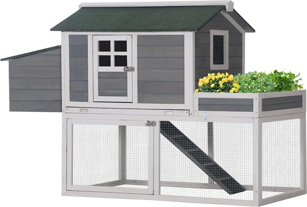 PawHut 63 Wooden Chicken Coop Hen House Poultry Cage for Outdoor Backyard with Raised Garden Bed, Run Area, Nesting Box and Removable Tray, Grey