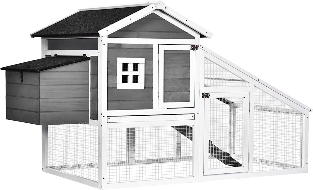 PawHut 69 Chicken Coop Wooden Chicken House, Rabbit Hutch Pen, Outdoor Backyard Poultry Hen Cage with Run w/Nesting Box, Removable Tray for Easy Cleaning, Asphalt Roof, and Safe Lockable Door