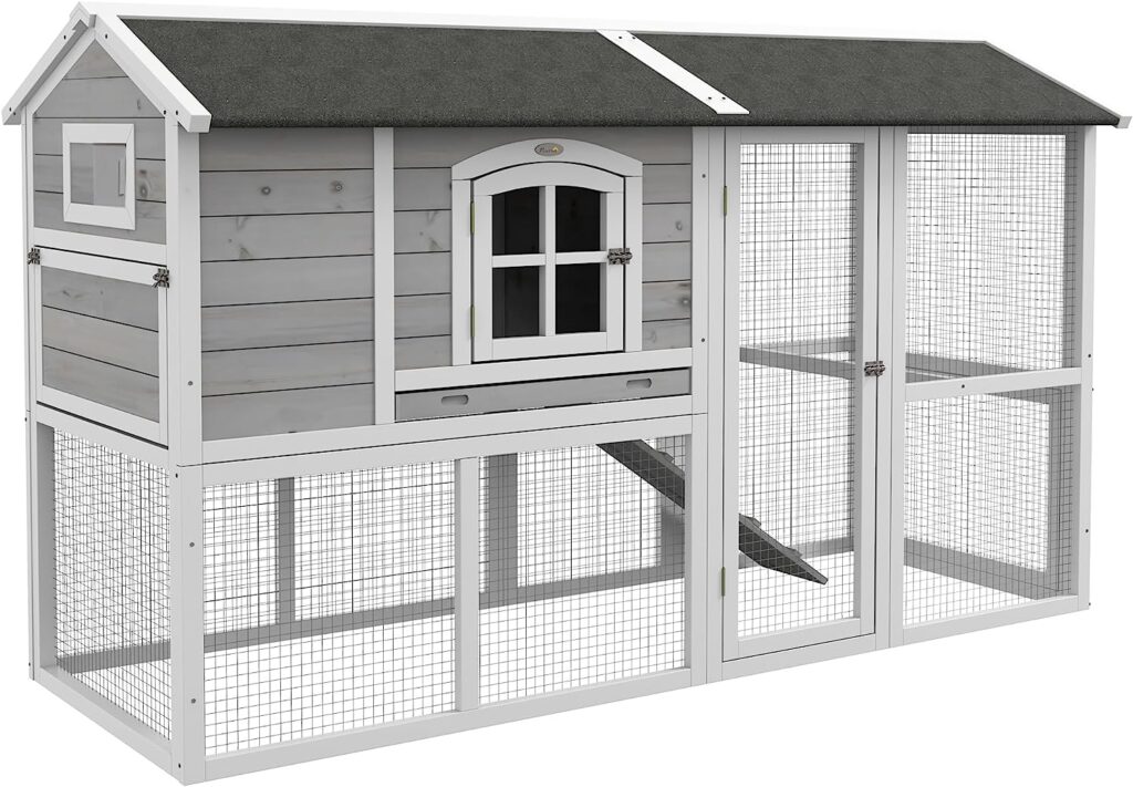 PawHut Wooden Chicken Coop with Run for 3-4 Chickens, Hen House with Nesting Box, Removable Tray, Outdoor Poultry Cage, 77.5 x 32.5 x 46, Light Gray